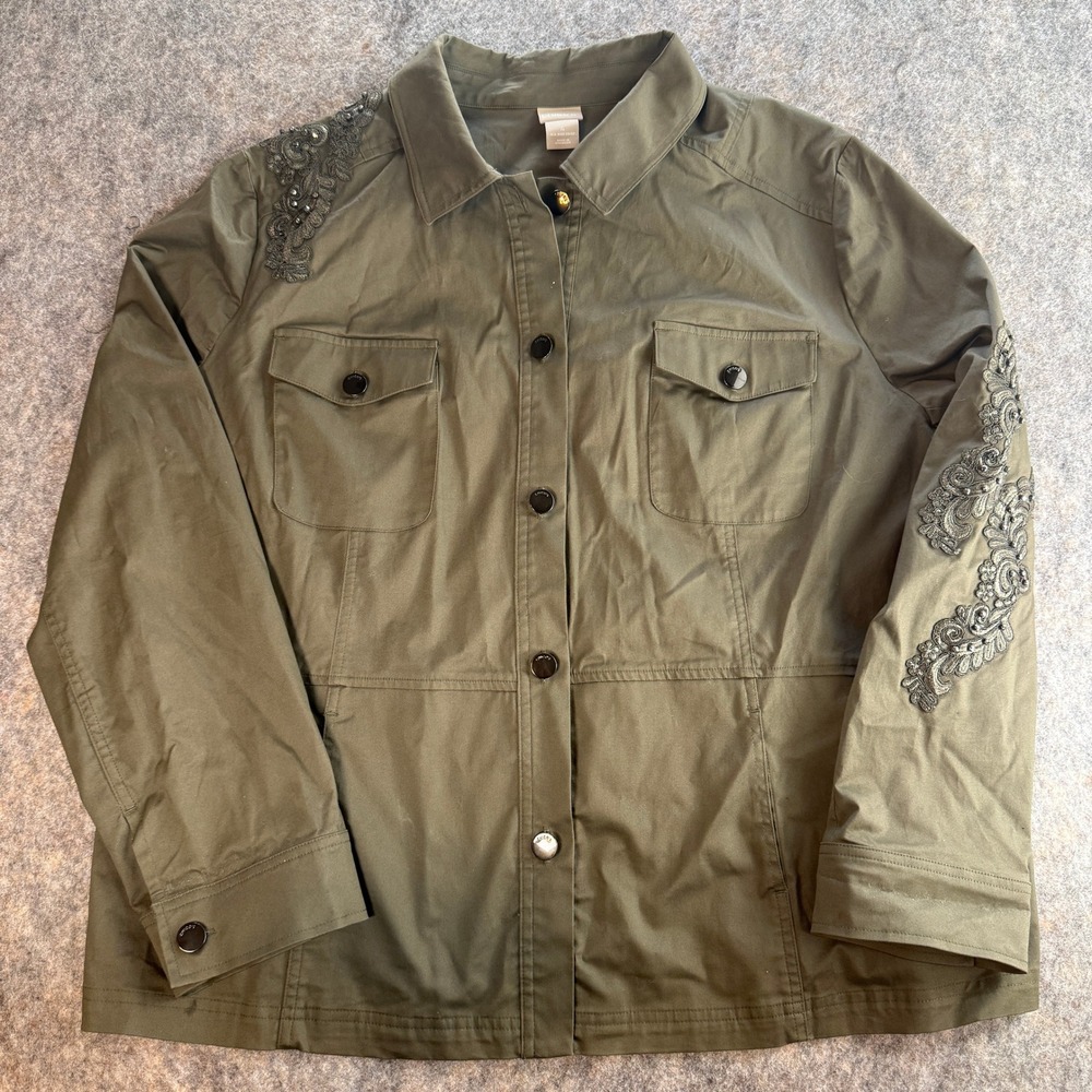 Chico's Utility Jacket Women Size 4 20/22 Olive Green Embellished Lace Applique